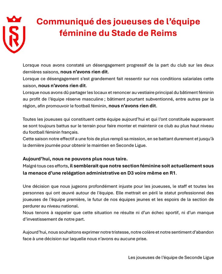 Communiqué des joueuses de l’équipe féminine du Stade de Reims